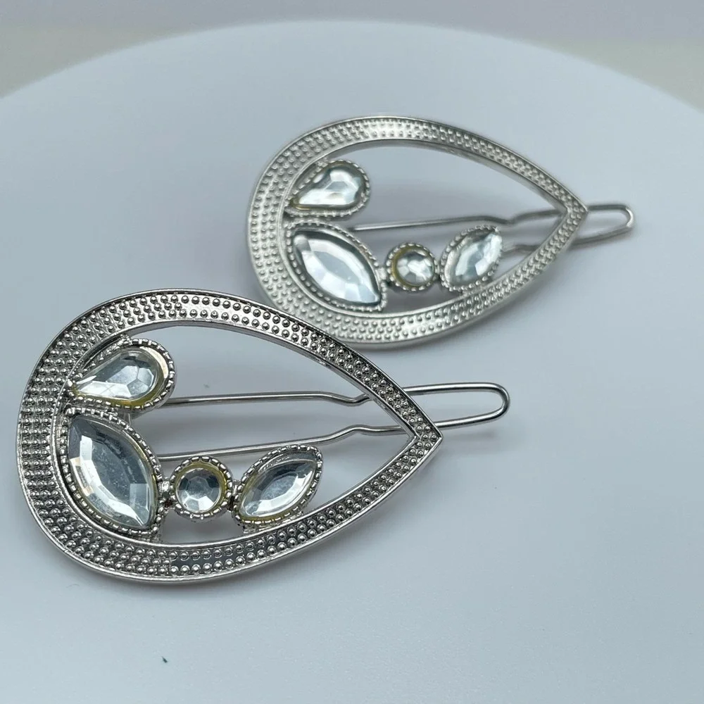 Vintage 80s Teardrop Hair Clips Set Gold & Silver Tone Rhinestone Bobby Pins Y2K